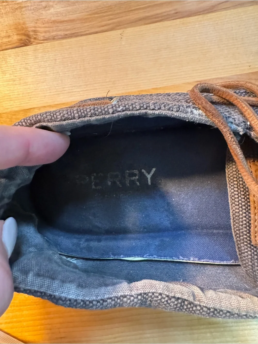 Sperry Gray Canvas Boat Shoes with Brown Laces